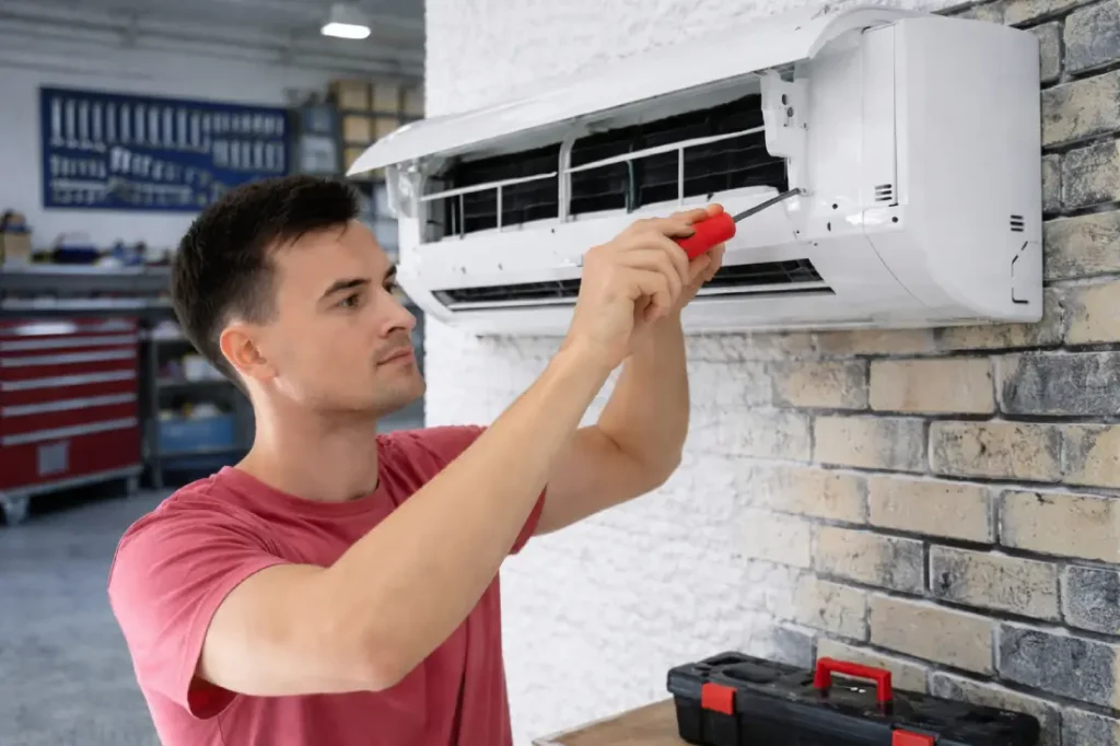 ev ve iş yerleri için split klima servisi yapan teknik servis ustası split klima bakım işlemi