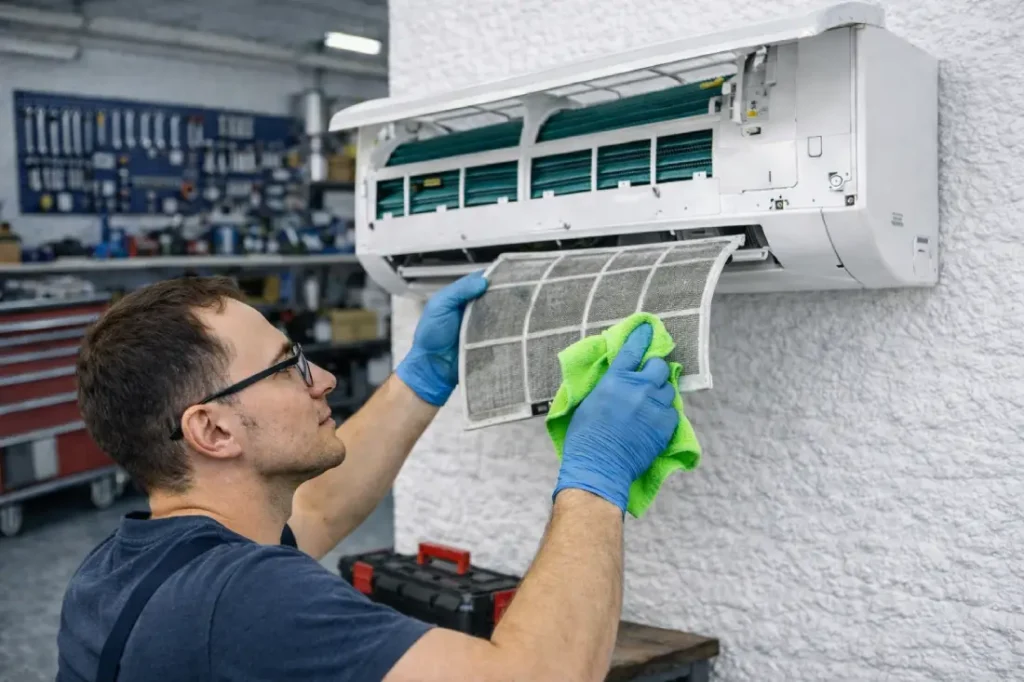 İstanbul Anadolu Yakası klima filtre temizliği yapan teknik servis ustası klima iç ünite filtre bakım işlemi