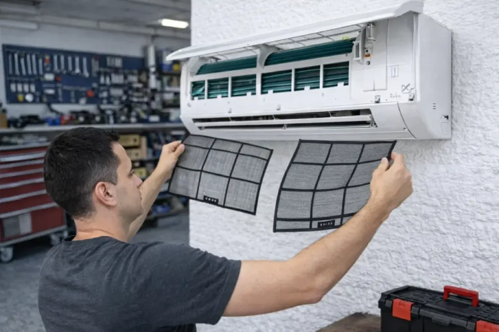 İstanbul Anadolu Yakası klima filtre temizliği yapan teknik servis ustası klima iç ünite filtre temizleme işlemi