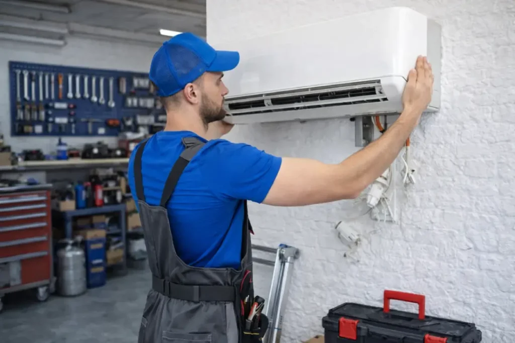 İstanbul Anadolu Yakası klima sökme takma hizmeti yapan teknik servis ustası duvardaki klimayı sökme montaj işlemi