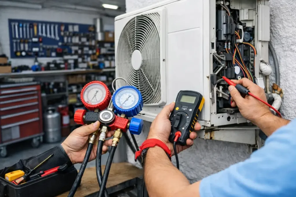 klima arıza tespiti nasıl yapılır klima dış ünitesi kontrol eden teknik servis ustası