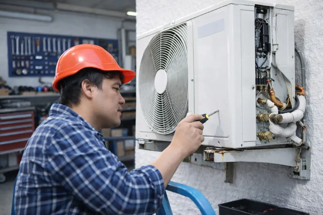 klima arıza tespiti yapan teknik servis ustası klima dış ünitesi kontrolü