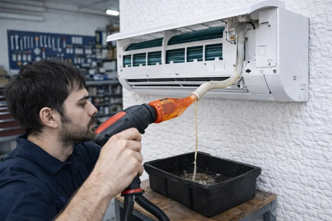 klima drenaj tıkanıklığı açma işlemi yapan teknik servis ustası klima su gideri temizleme