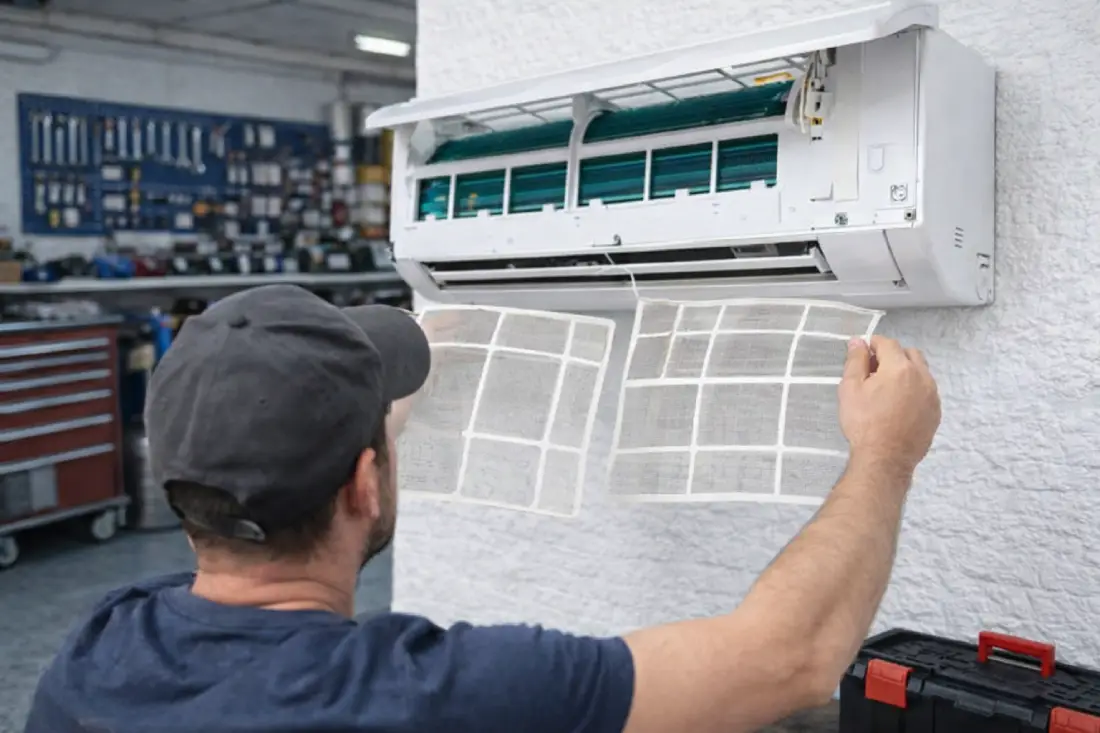 klima filtre temizliği yapan teknik servis ustası klima iç ünitesi filtre temizleme işlemi