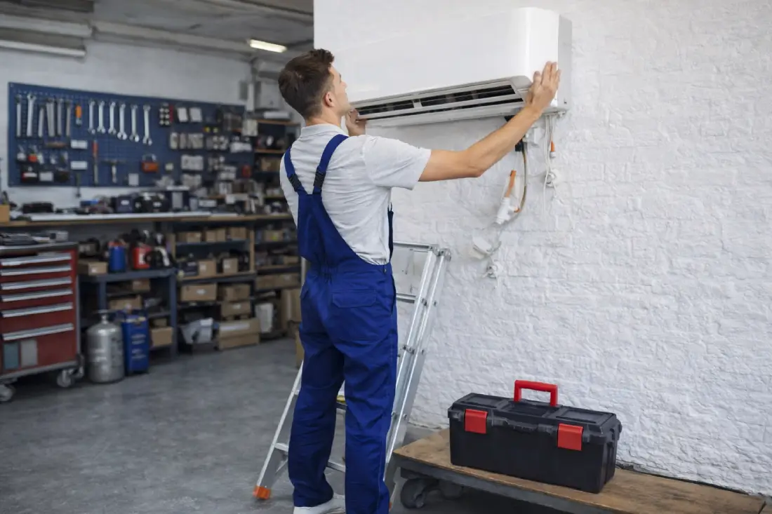 klima sökme takma işlemi yapan teknik servis ustası duvardaki klimayı sökme montaj hizmeti