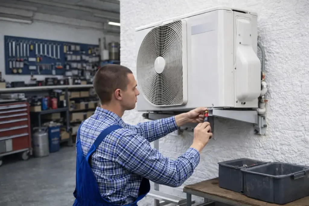 klima takma işlemi yapan teknik servis ustası klima dış ünitesi montajı