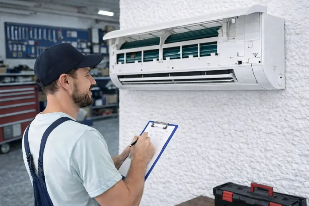 split klima arıza tespiti yapan teknik servis ustası split klima iç ünite kontrol işlemi